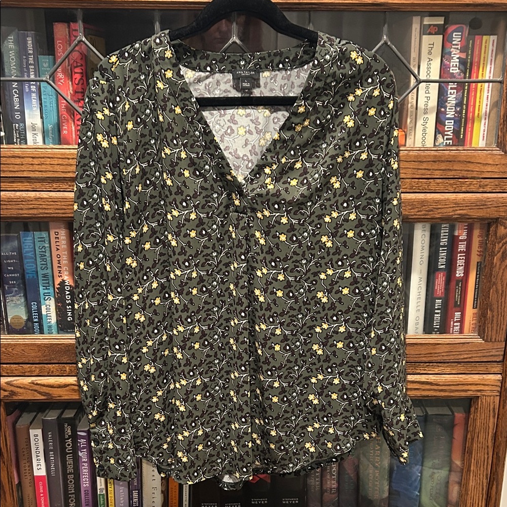 Ann Taylor Floral V-Neck Blouse - Black and Yellow